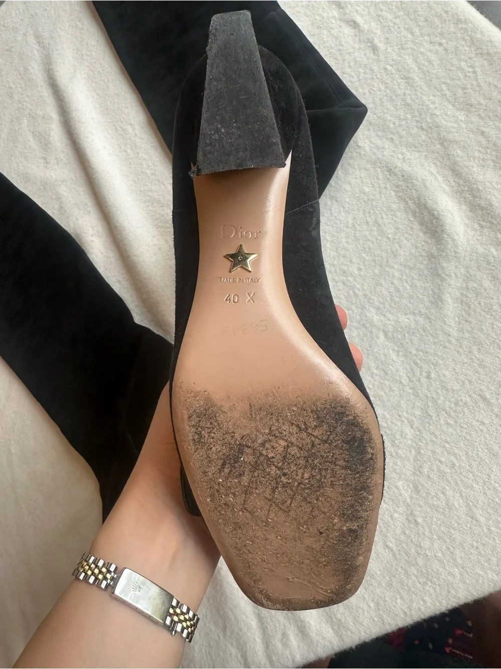 AUTHENTIC Dior Black Suede Over-the-Knee Block Heel Boots